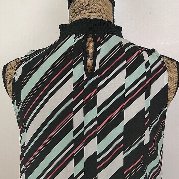 Elle Womens sz S Top Black White Stripe Sleeveless High Neck Button Closure - Picture 6 of 9